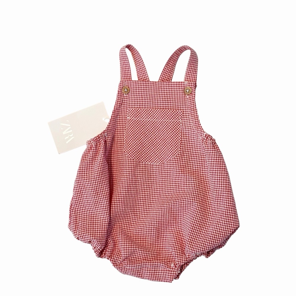 Zara Gingham Bubble Romper Red Baby Girls 3-6 Months Overalls Cottagecore Preppy